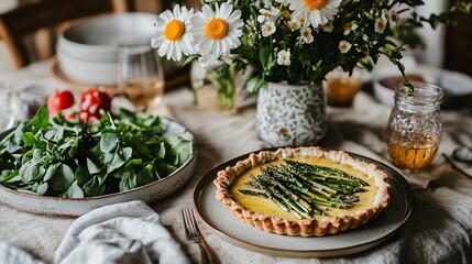 A rustic spring brunch setup with a beautifully plated asparagus tart, a side of mixed greens, and fresh spring flowers in a ceramic vase