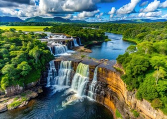 Fototapeta premium Stunning aerial drone footage captures Salto El Sapo's breathtaking plunge in Canaima National Park, Venezuela.