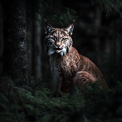 Fototapeta premium A lynx crouching in the shadows of a dense pine forest, its fur blending into the twilight.