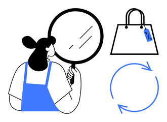 Woman holds magnifying glass, shopping bag with price tag, circular arrows symbolizing review cycle. Ideal for analysis, inspection, shopping process, e-commerce, quality checks, feedback systems