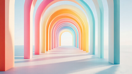 A bright and colorful illustration of an archway leading to the horizon, with soft gradients and a dreamy atmosphere. The composition includes a long corridor or hallway, adorned with tall arched 