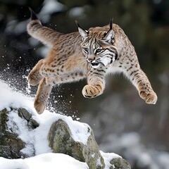 Fototapeta premium A lynx leaping from a snowy rock, its muscles coiled in perfect predatory form.
