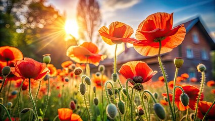 Obraz premium Sun-drenched poppies ablaze in vibrant red, capturing summer's essence.