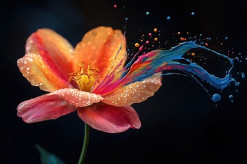 Colorful splash transforming a beautiful flower into art