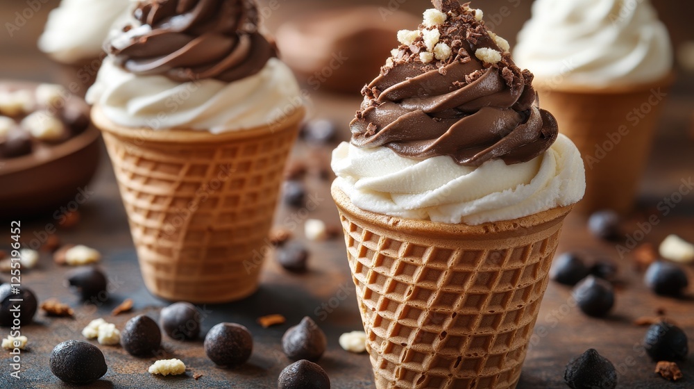 Poster chocolate and vanilla swirl soft serve ice cream in waffle cone isolated on transparent background