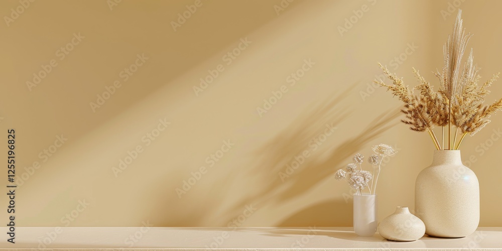 Poster a minimalist aesthetic featuring a soft mustard backdrop, minimalist design elements arranged symmet