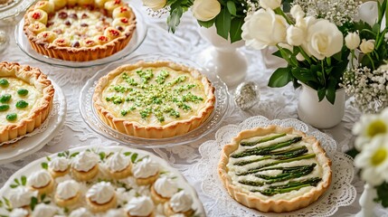 An elegant Easter buffet table featuring asparagus tarts, quiches, and a selection of spring-themed desserts on a white lace tablecloth