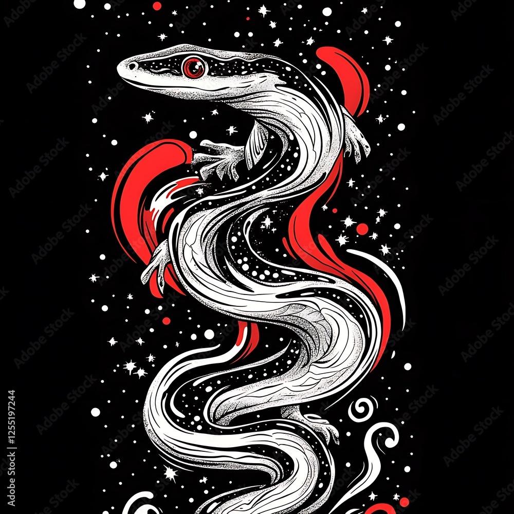 Poster Abstract gecko in cosmic design, background with swirling lines and stars. Possible graphic design use