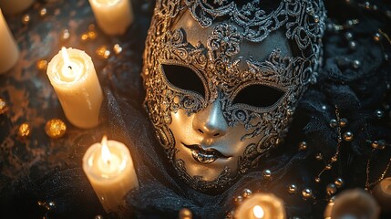 Elegant Silver Venetian Mask with Candles Dark Mystery Romantic Festive Intricate Design Luxury Fashion Accessory Beautiful Masquerade Costume        