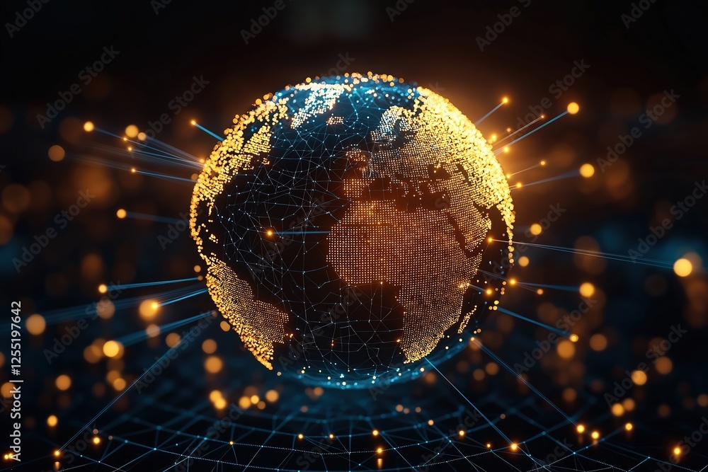 Poster planet earth rotating and connecting with data lines, symbolizing global network growth