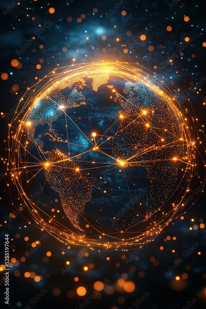 Aufkleber planet earth glowing with interconnected nodes representing global communication and growth