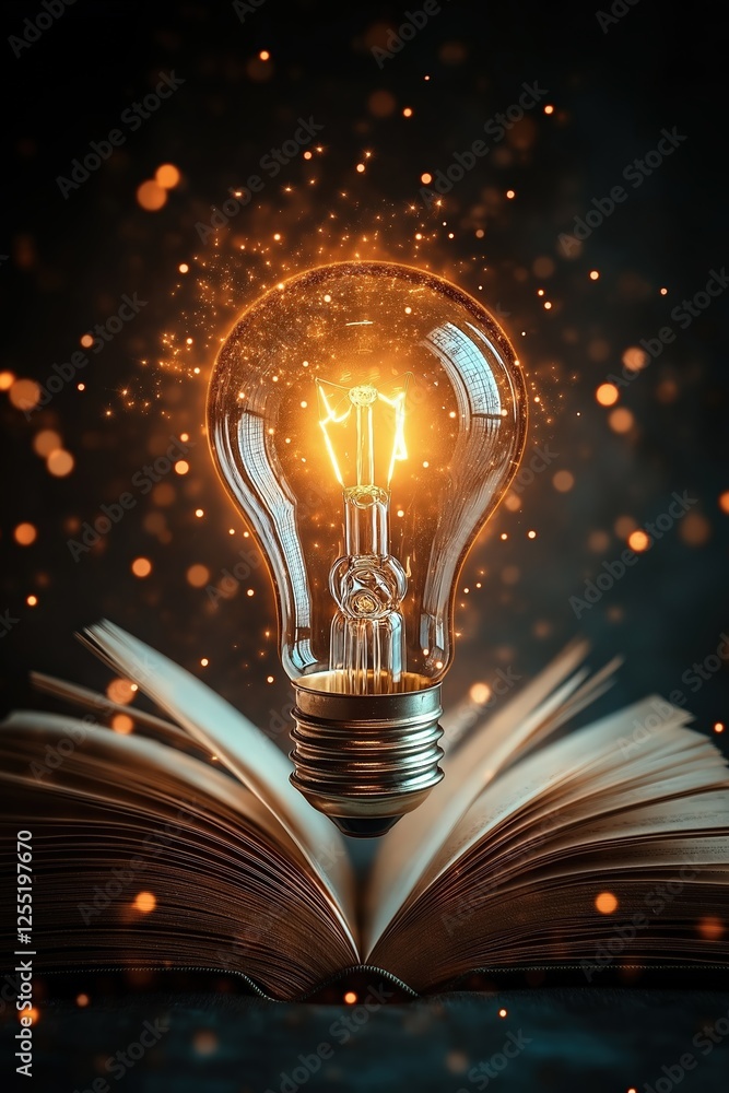 Poster bright light bulb shining over open book generating knowledge and ideas