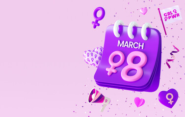 International Women's Day banner background template with a purple March 8 calendar, feminist symbols, hearts and copy space in 3D illustration