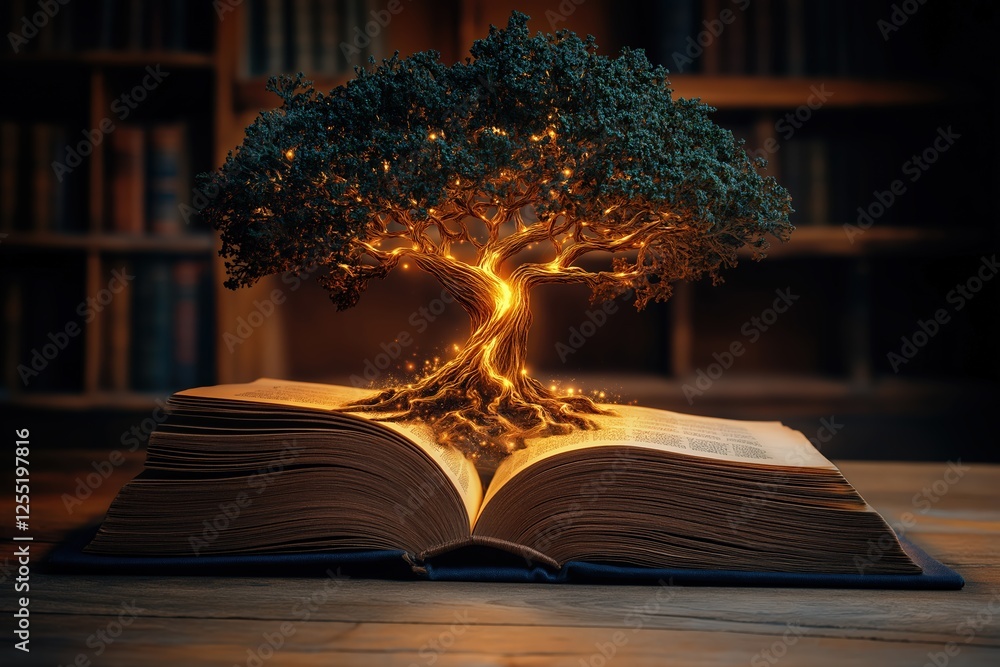 Poster glowing bonsai tree growing from an open book in a library