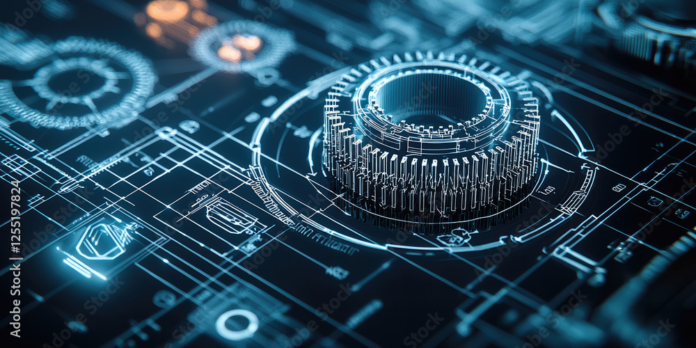 Poster the blueprint features rotating gears, shafts, and cogs, as well as glowing holographic overlays sho