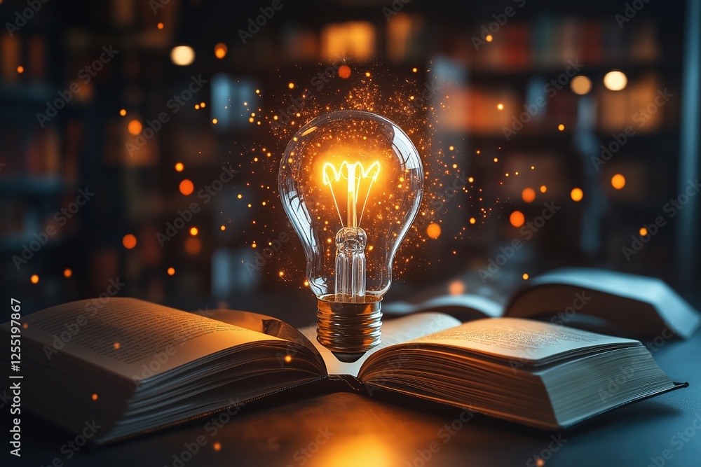 Poster bright light bulb emerging from open book in library setting