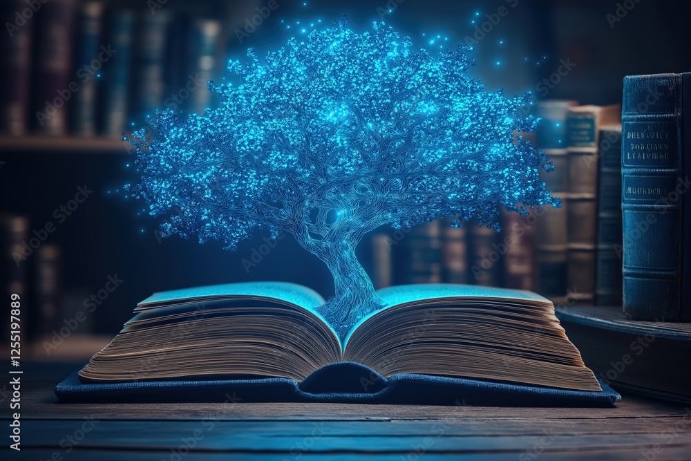 Poster glowing tree of knowledge growing from open book in library