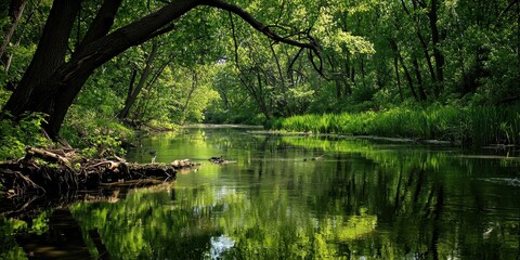 Tranquil River Reflecting Lush Green Canopy in Secluded Natural Setting