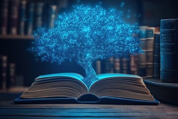 Fototapeta premium Glowing tree of knowledge growing from open book in library