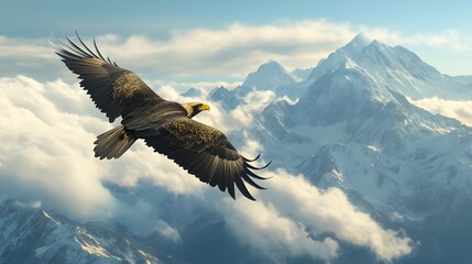 Fototapeta premium A majestic eagle soaring above snow-capped peaks, clouds swirling below.