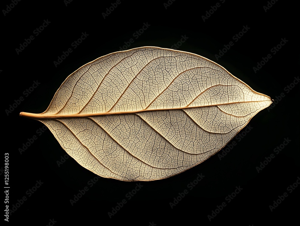 Poster delicate leaf skeleton showing intricate vein patterns on black background
