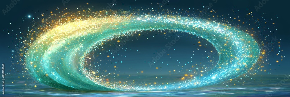 Poster luminous teal and emerald wave with sparkling bokeh particles against a deep blue background