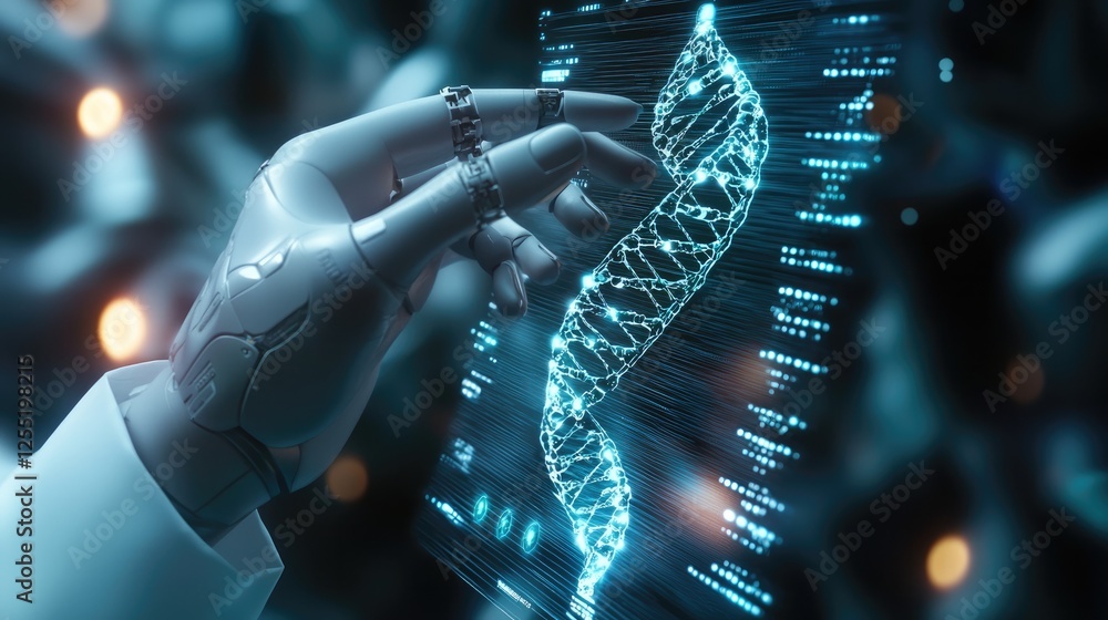 Poster this holographic projection shows a robotic hand manipulating dna strands, emphasizing precision med