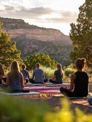 Group meditation session outdoors at sunset with scenic mountain backdrop