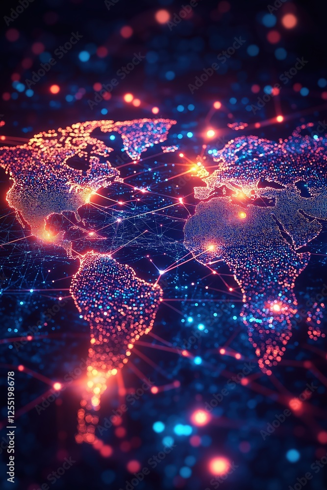 Poster global network growing and connecting continents with lines and nodes