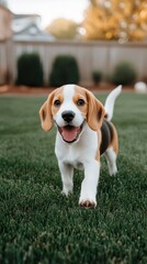 Beagle dog walks joyfully through a grassy field at sunset, tongue out and ears flapping in the warm evening air, radiating happiness