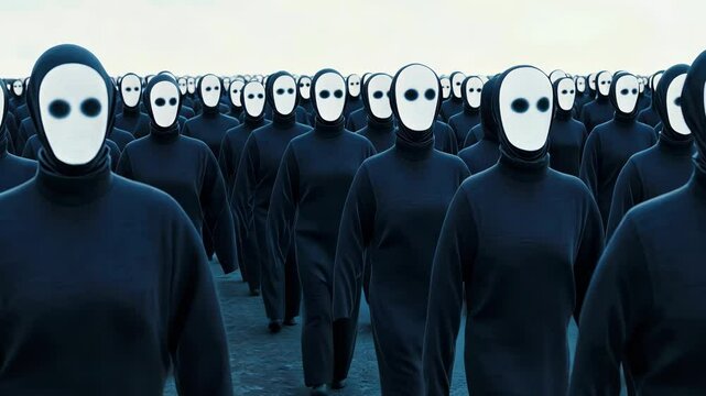 Crowd of masked figures walking in formation