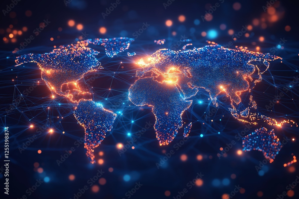 Poster global network connecting continents, growing web of interconnections
