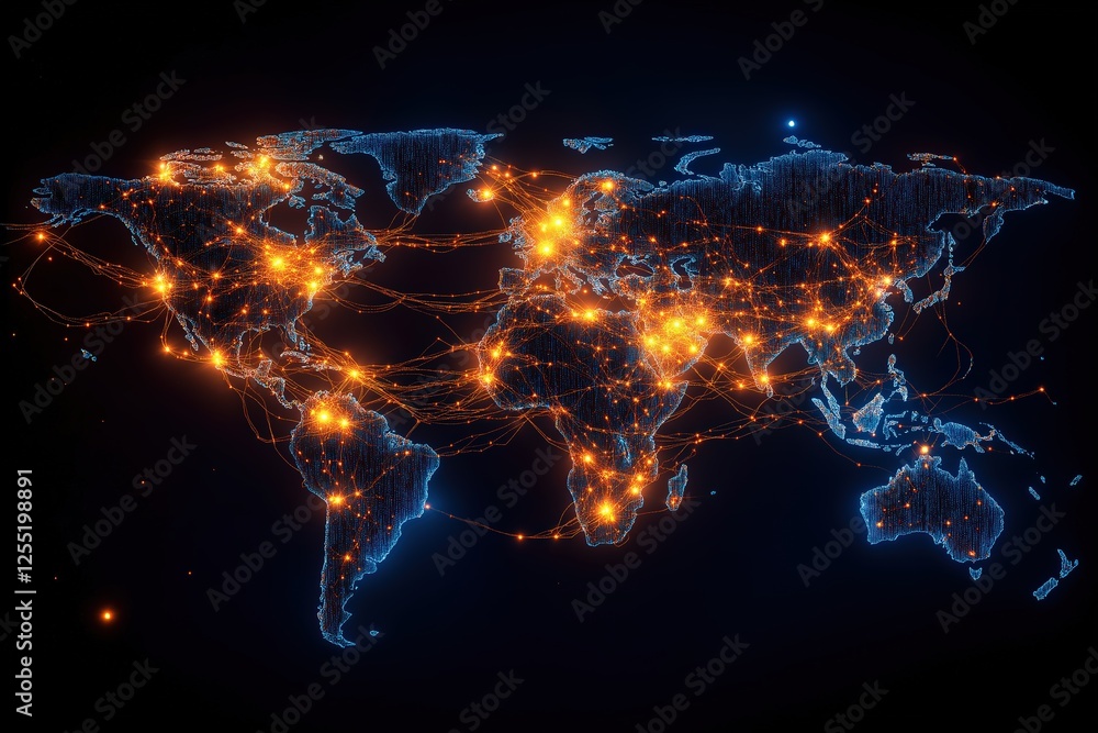 Poster growing global network connecting world cities with lines and nodes