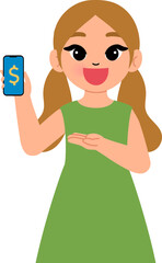 smiling girl holding mobile phone with online money illustration