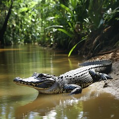 A massive black caiman resting along a muddy riverbank, its scales blending into the shadows.
