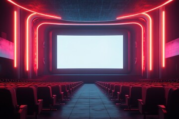 Empty Futuristic Cinema Hall with Neon Lighting