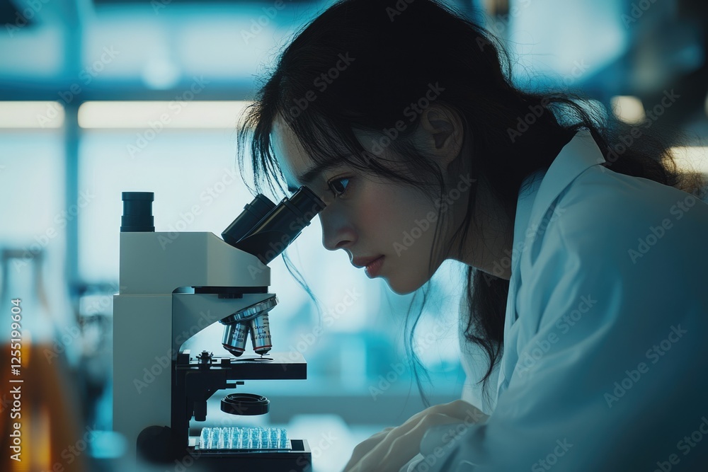 Poster a female scientist intently examines a sample through a microscope in a modern laboratory setting.
