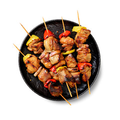Kebabs - grilled meat skewers, shish kebab with vegetables isolated on white background, top view
