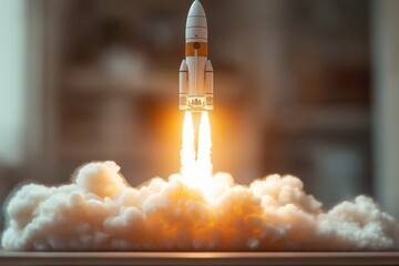 Rocket launching, creating a cloud of smoke and dust