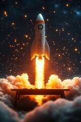 Fototapeta premium Rocket launching from a table in the clouds, reaching for the stars
