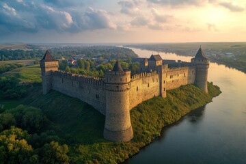Naklejka premium Medieval castle on a hill overlooking a river