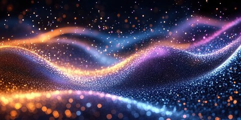 Digital particles are flowing and glowing, creating a colorful wave with a dark background, perfect for any project related to technology, innovation, or abstract visuals