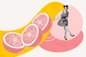 Template collage design trend artwork sketch of young lady pinup style dance slice orange fruit...