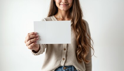 Naklejka premium Mockup blank sheet of paper in Hand, Paper Page Mockup, A4 Paper Mockup in Hands, A4 paper mockup held by smiling woman in casual outfit against white background, copy space