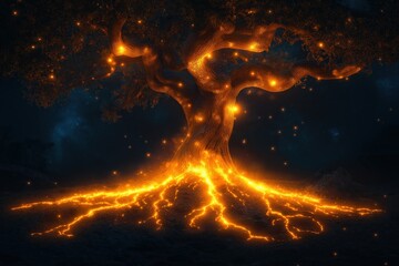 Glowing magical tree growing in a fantastic night landscape