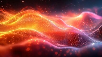 Vibrant abstract waves of orange and pink light with sparkling particles, creating a dynamic and energetic visual for modern design projects.