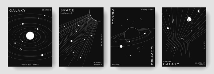 Set of abstract space astronomy backgrounds. Line art galaxy, universe, planet, solar system. Science future concept. Cosmic minimalist design for cover, poster, layout, banner, flyer, brochure © Anastasiya Stoma