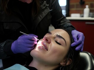 A young woman receiving a dental examination with modern equipment