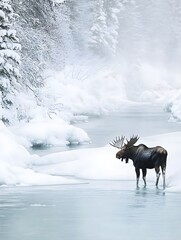 Obraz premium A moose standing strong in a freezing river as ice flows drift past.