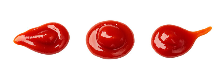 three drops of tomato sauce on white & transparent a background.